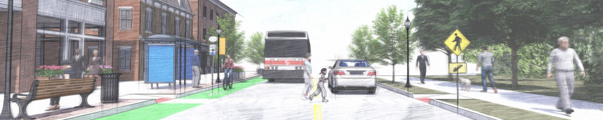 artistic rendering of a road with bikes, cars, pedestrians